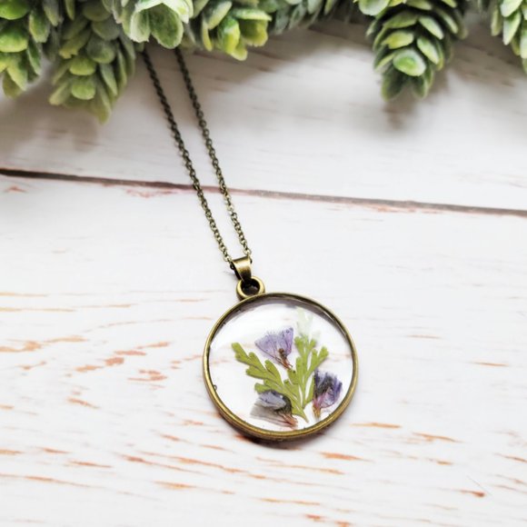 Lovely Lotus Jewelry - Pressed Dried Purple Flower Round Pendant Necklace
